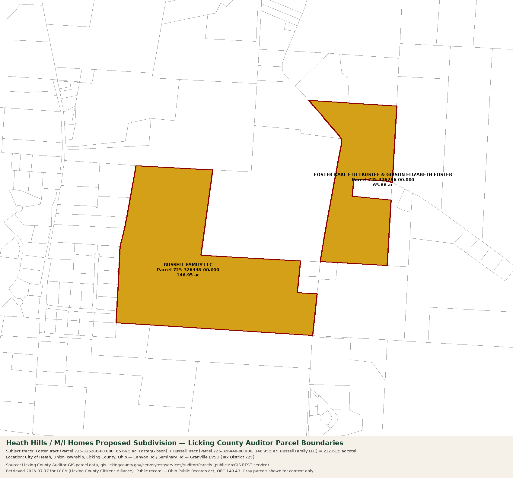 Map of the two Licking County Auditor parcels that make up the proposed Heath Hills development: the Foster tract (65.66 acres) and the Russell tract (146.95 acres), 212.61 acres total, in the City of Heath near Canyon Road and Seminary Road